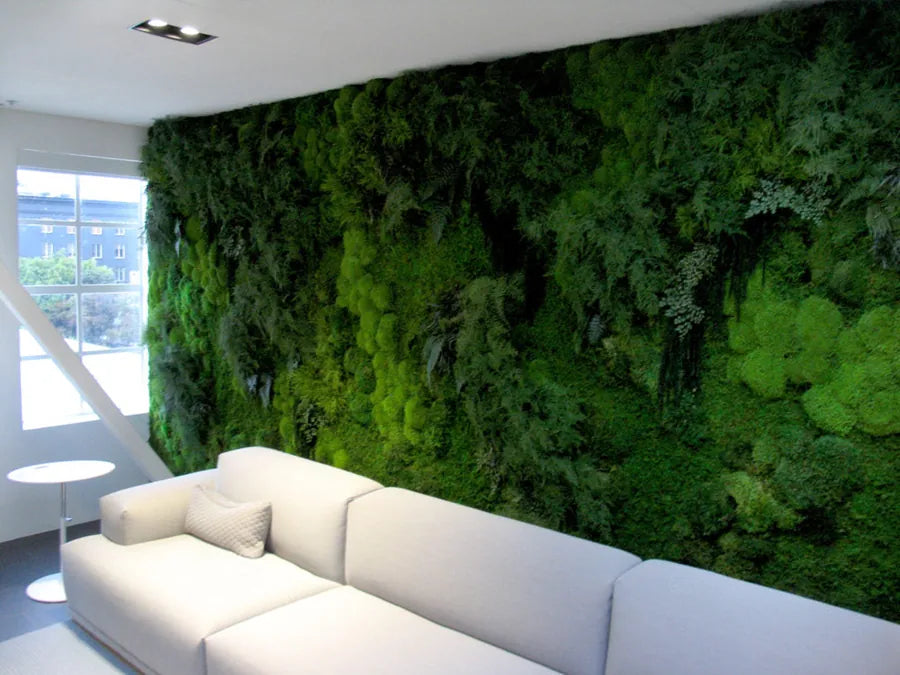 Perete vegetal cu muschi stabilizat intr-un lounge modern